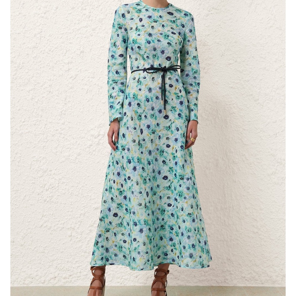 Zimmermann Lightburst Bias Long Dress in Blue Floral Linen
